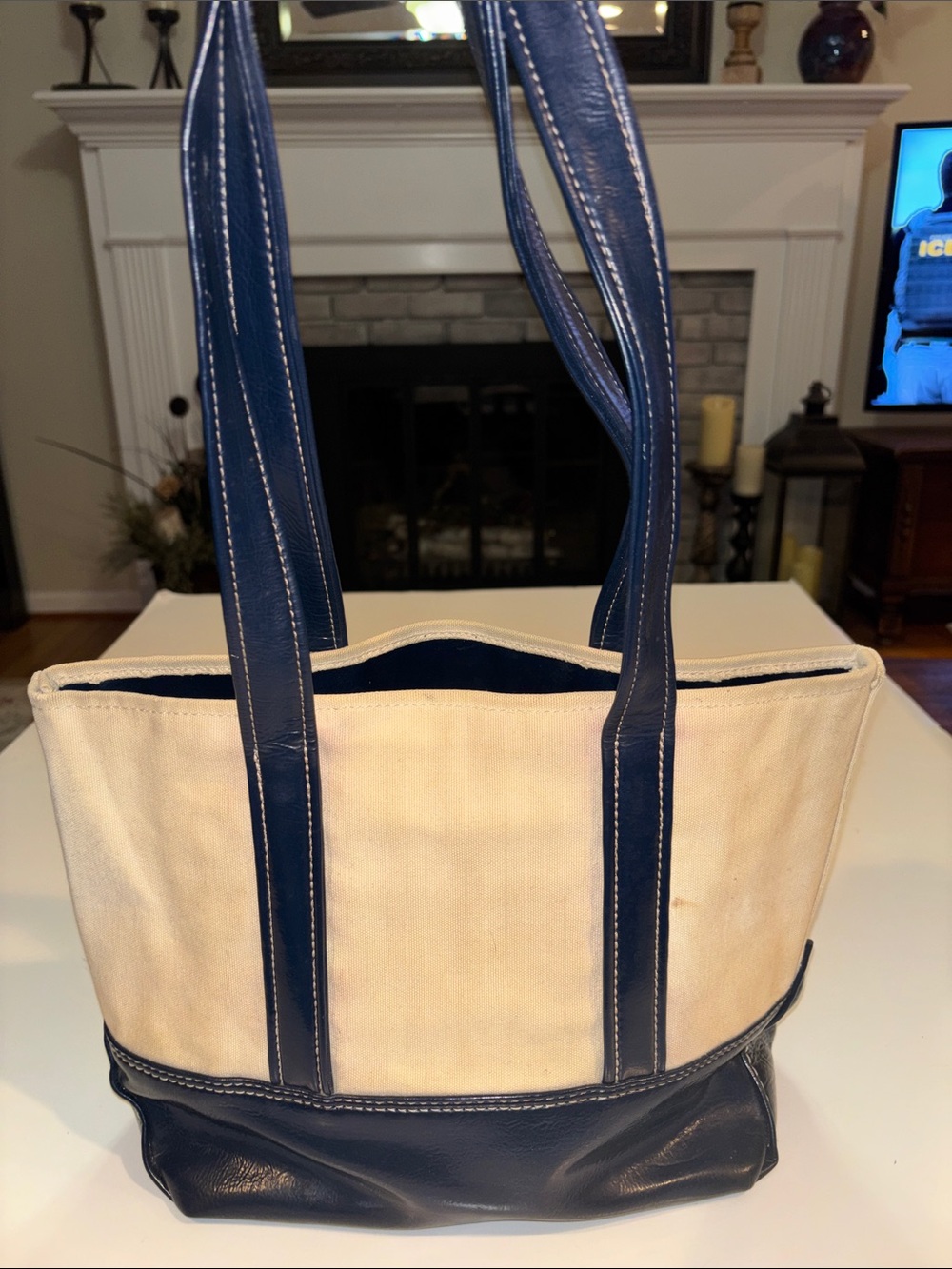 Vintage Canvas  and vinyl boat and Tote Bag - Blue and Cream